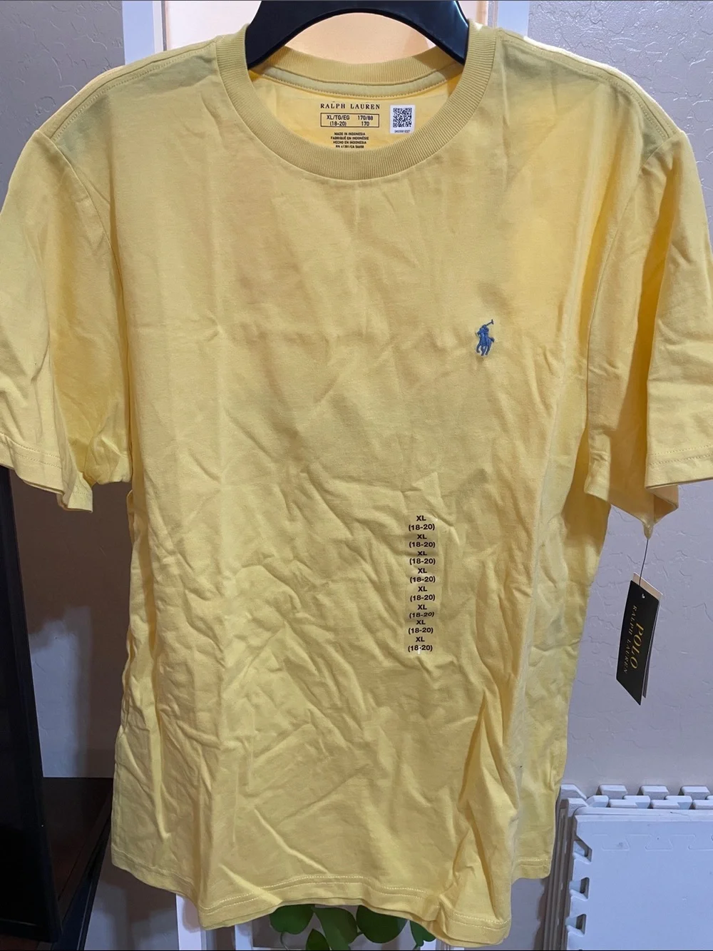 Ralph Lauren Men’s Pale Yellow Crewneck T-Shirt with Blue Polo Logo
